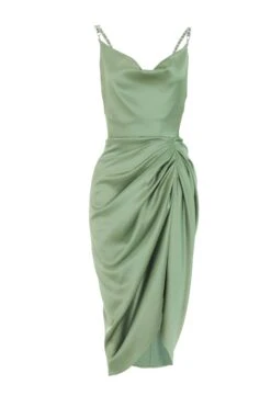 Khaki Satin Ruched Midi Dress