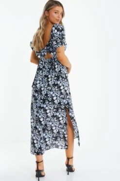 Black Floral Puff Sleeve Midi Dress 8 Black Floral Puff Sleeve Midi Dress -Glamourista 00100039342 XB