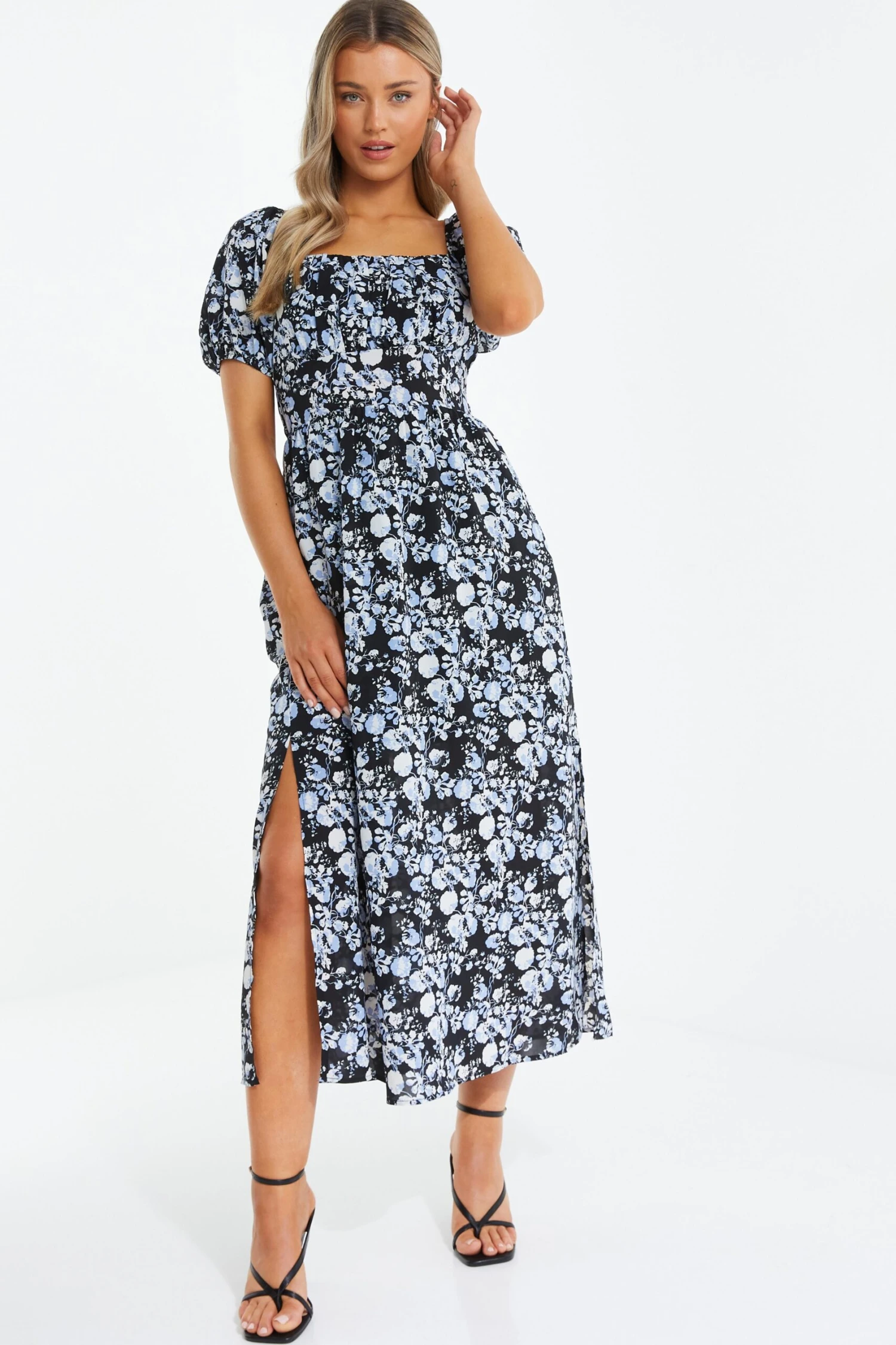 Black Floral Puff Sleeve Midi Dress 2 Black Floral Puff Sleeve Midi Dress - Image 2