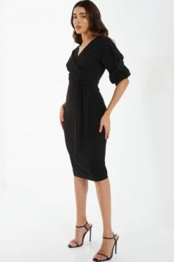 Black Wrap Tie Midi Dress -Glamourista 00100039355 XS