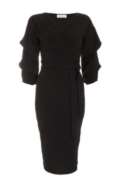 Black Wrap Tie Midi Dress
