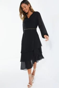 Black Long Sleeve Tiered Midi Dress -Glamourista 00100039359 XS