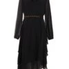 Black Long Sleeve Tiered Midi Dress