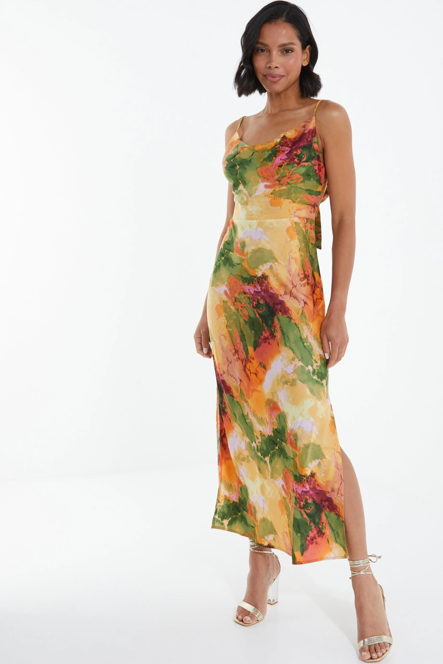Multicoloured Satin Marble Print Midaxi Dress 4 Multicoloured Satin Marble Print Midaxi Dress - Image 4