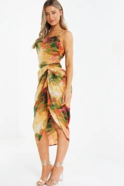 Multicolored Satin Marble Print Ruched Midi Dress 9 Multicolored Satin Marble Print Ruched Midi Dress -Glamourista 00100039375 XS