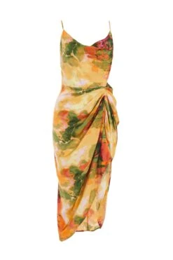 Multicolored Satin Marble Print Ruched Midi Dress