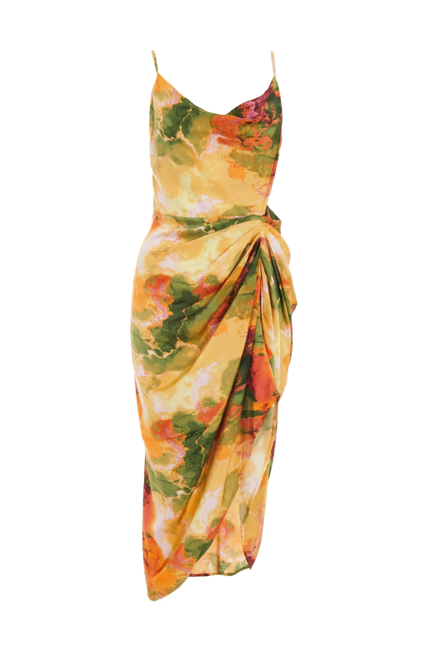 Multicolored Satin Marble Print Ruched Midi Dress 1 Multicolored Satin Marble Print Ruched Midi Dress