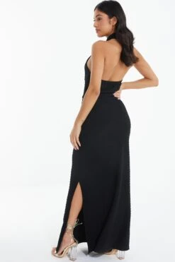 Petite Black Halterneck Textured Maxi Dress -Glamourista 00100039463 XB