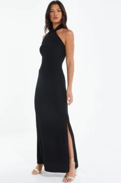 Black Halterneck Textured Maxi Dress -Glamourista 00100039495 XS