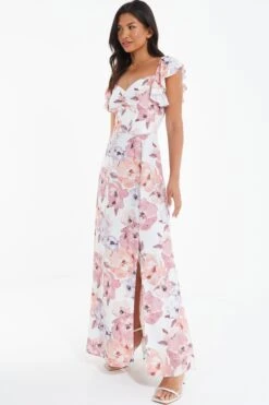 Pink Floral Frill Sleeve Maxi Dress -Glamourista 00100039502 XS