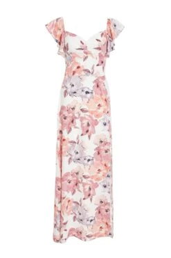 Pink Floral Frill Sleeve Maxi Dress